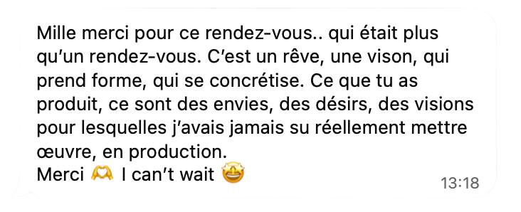 Message d'une cliente remerciant MNDS pour un rendez-vous qui a concrétisé sa vision
